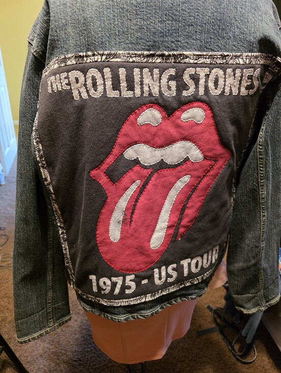 Hand Crafted Jackets & Blazers - HAND CRAFTED Jacket UPCYCLED Blue Denim Embroidered Rolling Stones Tee Size L